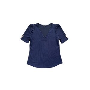 Fifty Street Women's Short Sleeve Top with Scalloped Neckline-Size M-Navy Blue